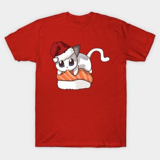 White Cat Salmon Sushi Christmas T-Shirt